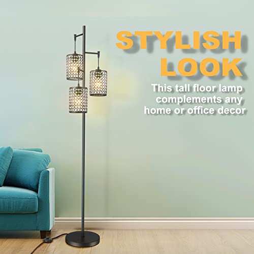 EE Eleven Master Modern 3-Light Tree Floor Lamp for Living Room Crystal Standing Lamp with On/Off Switch Elegant Black Pole Light for Bedrooms Office Hotel