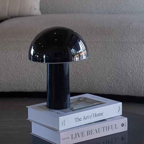 Brightech Celia Mood Lamp ? 10" Touch-Controlled Mushroom Table Lamp, Cordless & Dimmable LED, Portable Rechargeable Bedside Night Light, Sustainable Recycled Modern Patio Lamp for Home D?cor ? Black