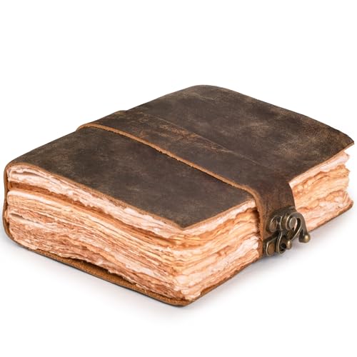 LEATHER VILLAGE Leather Bound Vintage Journal for Women & Men - Book of Shadows - Lock Closure - 200 Pages of Antique Deckle Edges Handmade Paper - Rustic Brown Color - 10 X 7 inches