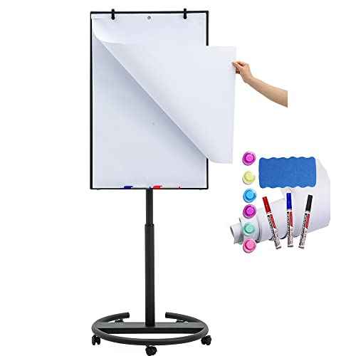 Magnetic Mobile Whiteboard/Height Adjustable Dry Erase Board Easel on Rolling Stand w/Flipchart Easel Pad, 36" x 24", Black