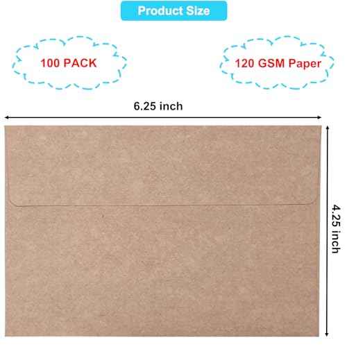 100 Pack 4x6 Envelopes for Invitations, Brown Kraft Envelopes, Self Seal A4 Envelope for Greeting Cards, Photos, Postcards, Invitation Envelope for Wedding, Graduation, Baby Shower, Party