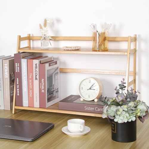 Countertop Organizer Bamboo Spice Rack 2-Tier Desktop Bookshelf Wooden Storage Stand for Kitchen, Office and Dorm, Desk Organizer for Books and Decor (Large)