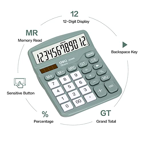 Deli Green Desktop Calculator with 12-Digit LCD, Solar & Battery Dual Power