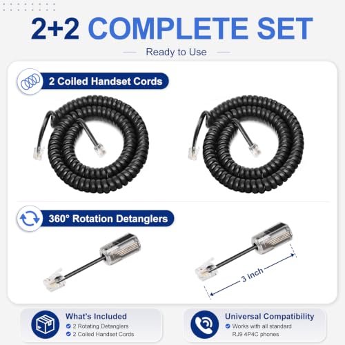 Uvital 4 Pack Black Telephone Handset Cords with Detanglers - Compatible with RJ9 Phones