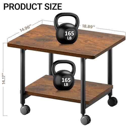 Under Desk Printer Stand - 2-Tier Industrial Mobile Printer Table with Storage Shelf, Heavy Duty Wood Rolling Printer Cart with Wheels for Home and Office,Rustic Brown