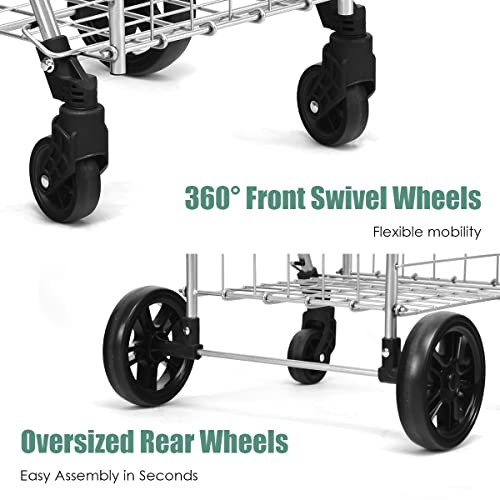 Byroce Utility Folding Shopping Cart, Lightweight Trolley with Handle, Large Grocery Utility Cart with Swiveling Wheels and Dual Storage Baskets, Ideal for Laundry Book Luggage Travel (Silver)