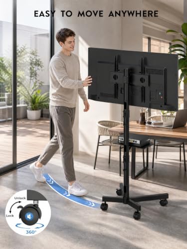 BONTEC Black Rolling TV Stand for 23-65 Inch Flat & Curved Screens, Mobile TV Cart with Adjustable Height and Shelving