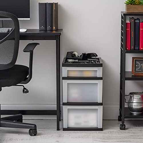 IRIS USA Plastic Drawer Storage Organizer Rolling Cart, 3-Drawers, for Classroom Art Craft Supplies Dresser Closet Bathroom Laundry Room, Black/Pearl