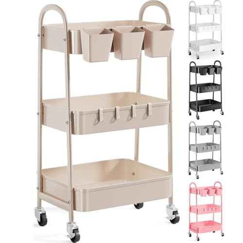 3 Tier Khaki Metal Utility Rolling Cart, Storage Cart with Handle and Lockable Wheels, Multifunctional Organizer Trolley with Mesh Storage Baskets for Kitchen, Office, Living Room, Laundry, Garage
