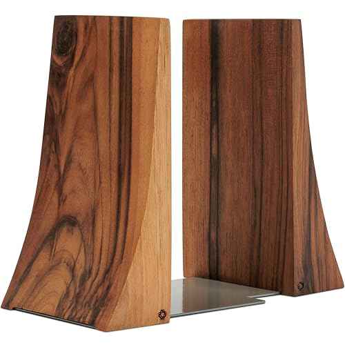 TILISMA Bookends, Walnut Wood with Metal Base - 2 Handmade Book Holders for Heavy Books - Decorative Accessories for Bookshelf Organization and Display