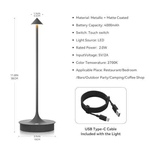 Small Cordless Table Lamp Rechargeable, Battery Operated Desk Lamp, 4000mAh LED Touch Lamp, Dimmable Portable Outdoor Waterproof Wireless Table Light for Restaurants/Bars/Outdoor(1PC,Gray)