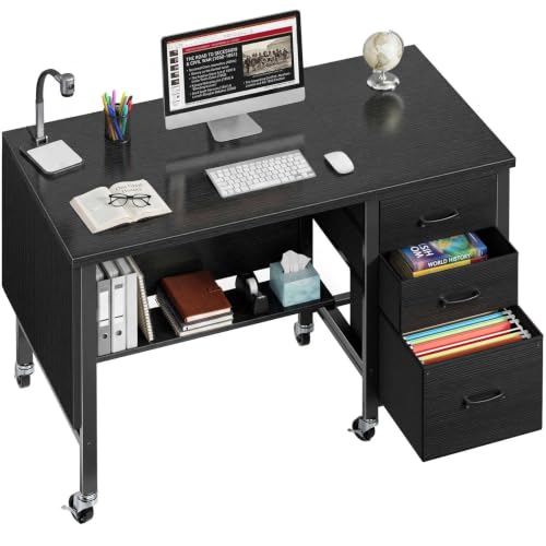 46.6-Inch Mobile Teacher Desk with File Cabinet & Privacy Panel, Black