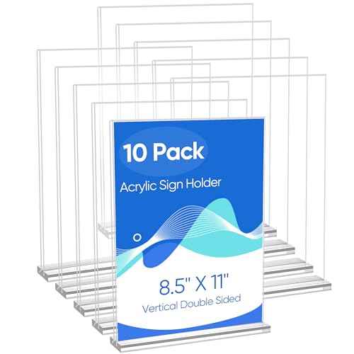 10 Pack Acrylic Sign Holder 8.5 x 11, Clear Double Side T Shape Acrylic Table Sign Stands for Display, Flyer Holder Paper Card Holder for Office Business Store Malls Restaurants