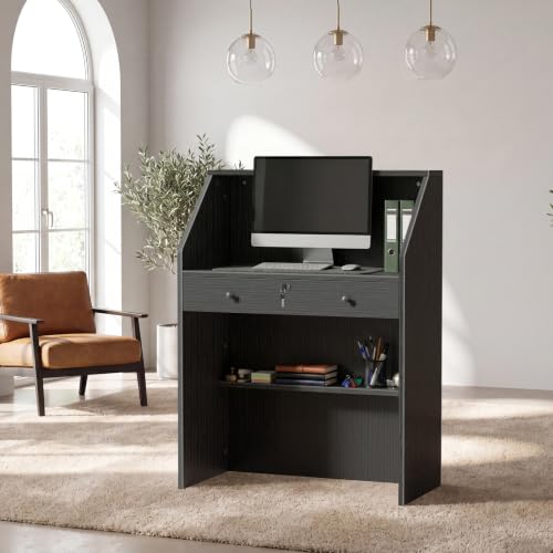 Small Black Reception Desk with Lockable Drawer & Counter for Salon & Retail