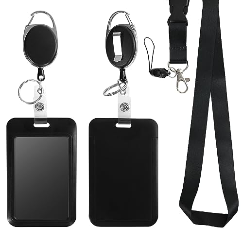 Happyhbt Black Retractable ID Badge Holder with Breakaway Lanyard & 2 Vertical Reels - Detachable Keychain for Nurses, Teachers, Security, Cruise Ship