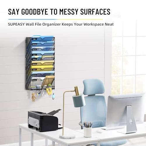 SUPEASY 10-Tier Wall File Organizer with Hooks - Black, Wall Mounted Mail Sorter