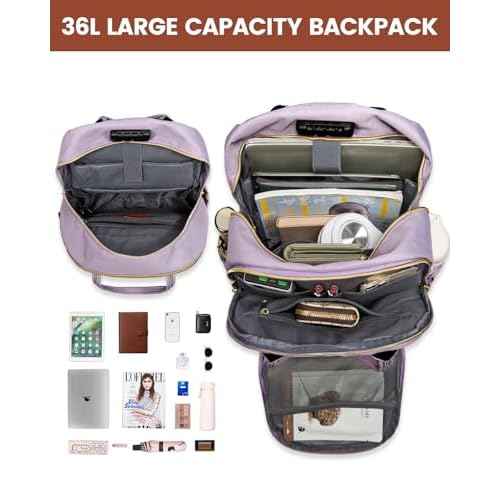 LOVEVOOK Laptop Backpack Purse for Women, Unisex Large Capacity 17 Inch Travel Anti-theft Bag, Work Business Computer Bags backpack, Casual Hiking Daypack with Lock, Light Purple