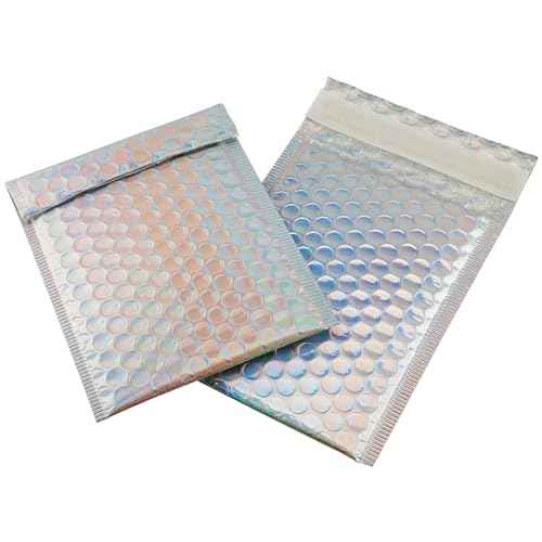 HOIGON 100 PCS 5 x 6 Inch Silver Metallic Bubble Mailers, Foil Glitter Poly Padded Mailing Cushion Envelopes, Holographic Self Seal Adhesive Shipping Bags for Mailing, Packing