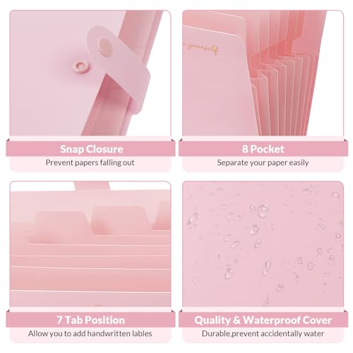 SKYDUE Pink Expanding File Folder with 8 Pockets - A4/Letter Organizer for Office & School