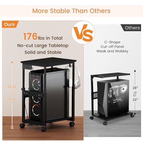 Snughome Extra-Large Adjustable Computer Tower Stand with Charging Station, 25.2–36.22 in, Mobile CPU Cart with Locking Wheels