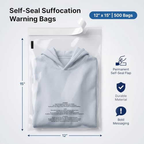 12 x 15 Inch Self Seal Clear Poly Bags 500 Count with Suffocation Warning - Bulk Shipping & Packaging Bags