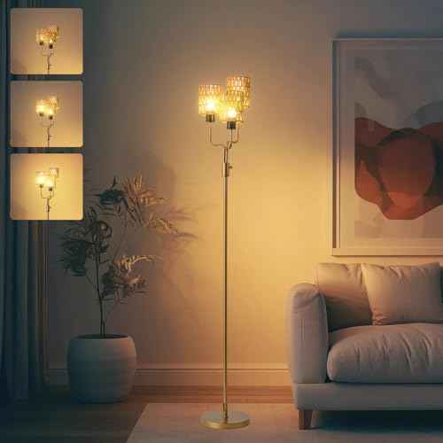 Rattan Gold Floor Lamp for Living Room, Boho Farmhouse Floor Lamps Dimmable with Elegant Wicker Shade and 3 LED Bulbs, Modern Torch Standing Lamp for Bedroom Office