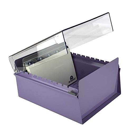Acrimet 5 X 8 Card File Holder Organizer Box Metal Base Heavy Duty (AZ Index Cards and Divider Included) (Purple Color with Clear Crystal Plastic Lid Cover)