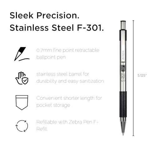 Zebra Pen F-301 Ballpoint Fine Point 0.7mm Black Ink Stainless Steel Retractable Ballpoint 4-Pack ? Easy-Glide Ink, Non-Slip Grip, Metal Clip, Refillable with F-Refill, Professional Design (27114)