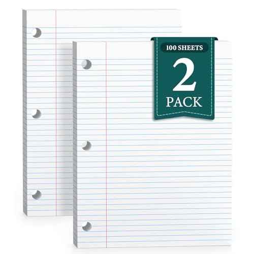 Loose Leaf Paper, Notebook Paper, 8 x 10.5 College Ruled Paper, 3 Hole Punch Binder Paper, Lined Paper for 3 Ring Binders, College Ruled Paper, 100 Sheets/Pack Filler Paper (2 Pack)