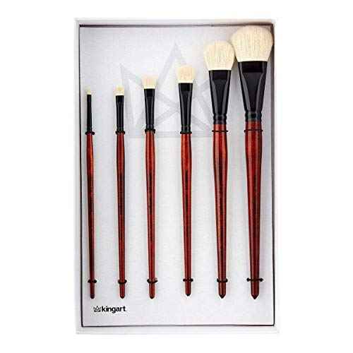 KINGART 1050A Premium 6 Pc. Flat Oval Mop Artist Brush Set, White Super-Soft Natural Goat Hair, Short Handle, 6 Sizes for Oil, Acrylic and Watercolor