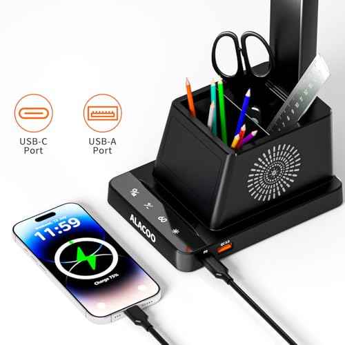 LED Desk Lamp for Office Home, Eye-Caring Desk Light with USB Port & RGB Phone Holder, 3 Color¡¿4 Brightness, Adjustable Arm, Touch-Control Lamp for Reading/Bedroom (Black)