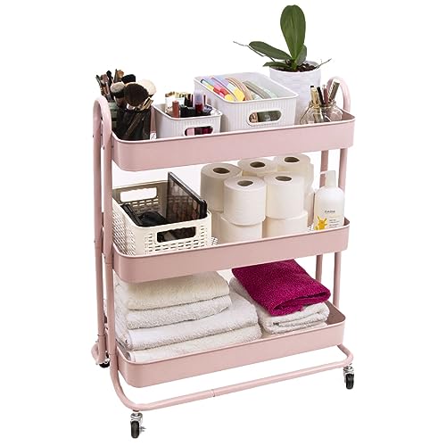 Craftelier - Large Metal Organization Cart with 3 Trays | 4 360¨¬ Swivel Castors with Brakes on 2 | Overall Size: 71,2 x 61 x 29 cm - Tray Depth: 6,6 cm | Color Pink
