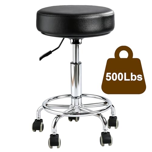 LIMKOMES Black Heavy-Duty Adjustable Rolling Stool with Wheels & Foot Ring