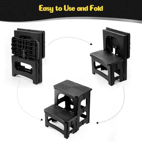 2-Step Stool Foldable, Plastic Steps Stool Folding Step Ladder Two Stepstools Collapsible Step Stools for Adults for Kitchen Home Bathroom RV, Pool Ladder Above Ground-Black
