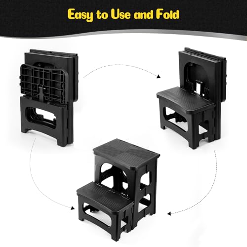 2 Step Stool Foldable for Adults—Plastic Folding Step Stool in Black (Ligebul)