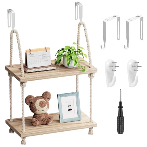 2-Tier Wooden Wall Shelf for Cubicles with Hooks & Rope - Office Storage Organizer