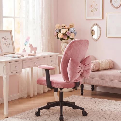 Tigeen Pale Pink Velvet 4-Piece Office Chair Cover Set with Bow Pillow