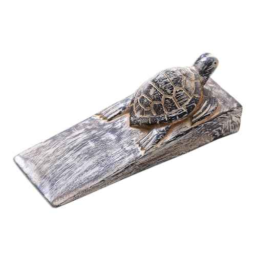 NOVICA Artisan Handmade Wood Door Stopper Whitewashed Baby Turtle Suar from Bali Black Indonesia Decor Accessories Decorative Hardware Animal Themed Frog Turtleturtlesea Life [2in H x 6.5in W x 2.4in]
