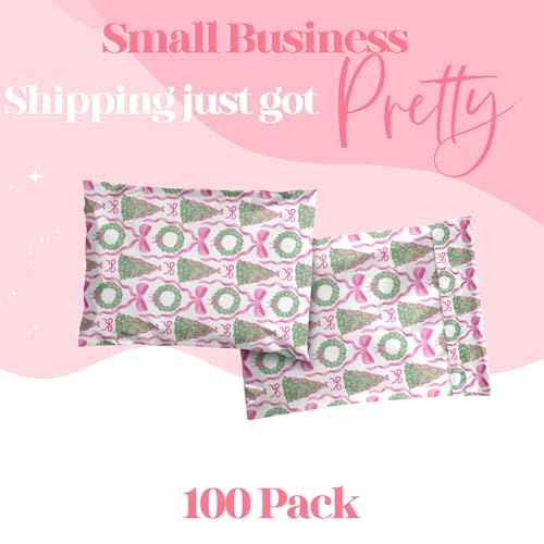 14.5x19 Designer Poly Mailer 100 Pack Heavy Duty Waterproof Self Seal Shipping Bags for Small Business Large Mailing Envelopes Bulk Tear Resistant Packaging Coquette Christmas Holiday Bows