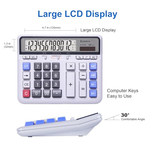 Comix Desktop Calculator Solar Battery Dual Power with 12-Digit Large LCD Display and Large Computer Keys Standard Function Calculator for Home Office School, White(2 Pack)