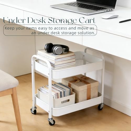 White 2-Tier Rolling Cart with Hooks for Under Desk & Pantry Storage - LIWNYRK