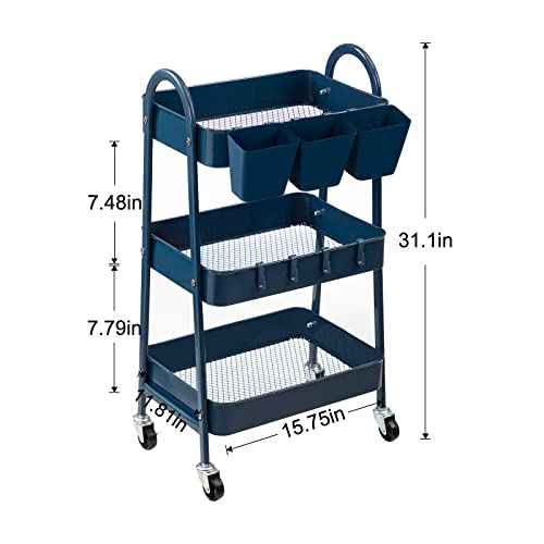 danpinera 3-Tier Rolling Cart, Utility Cart Mobile Metal Rolling Storage Cart with Lockable Wheels & Hanging Cups & Hooks for Kitchen, Bathroom, Office, Workshop, Dark Blue