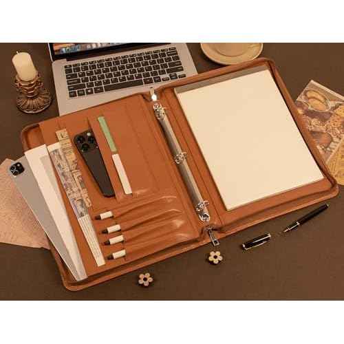 AZXCG Zipper Portfolio Padfolio Binder,3-Ring Padfolio for Women and Men,A4/Letter Size,PU Leather with iPad,Professional Organizer for Resume/Interview (Brown)