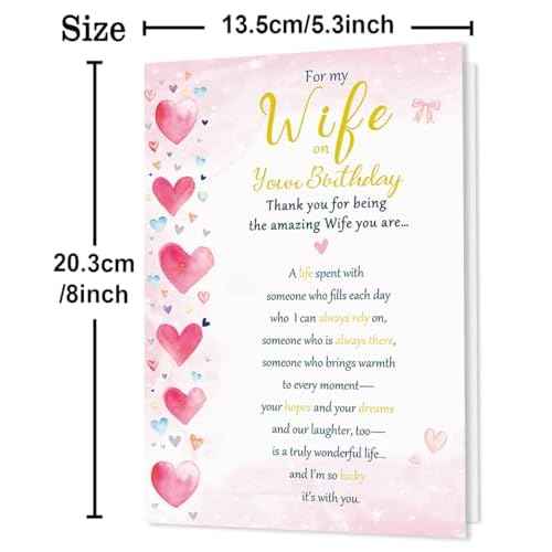 Wife Birthday Card, Sweet Birthday Cards for Wife from Husband, Happy Birthday Card for Her-8x5.3 Inches, Double-Sided, with Matching Pink Envelope