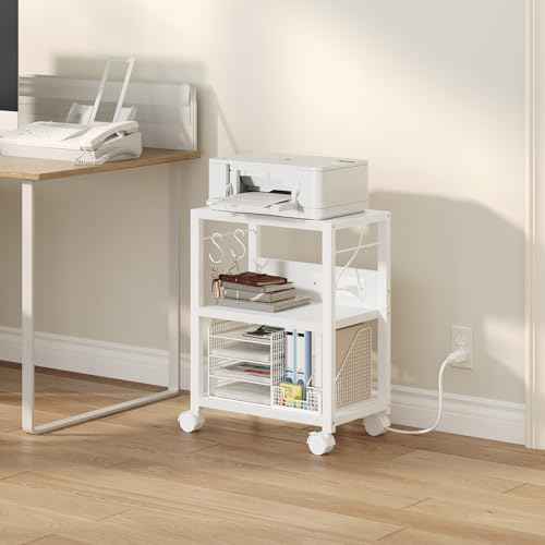 Industrial Printer Cart, 3-Tier Mobile Printer Stand, Rolling Cart with 2 AC Outlets and 2 USB Ports, Home Printer Stand with 2 Hooks, for Office, Living Room, White PTWT40E01