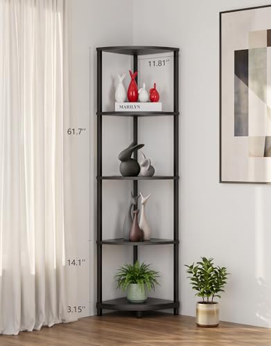 Black Corner Shelf with LED Light, 5-Tier Floor Lamp & Display Rack, 62" Standing Bookcase for Living Room & Bedroom