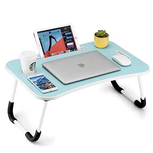 Foldable Laptop Table, Portable Lap Desk Bed Table Tray, Laptop Stand with Cup Holder & Tablet Slot & Lifting Handle for Working Writing Drawing & Eating (Blue)