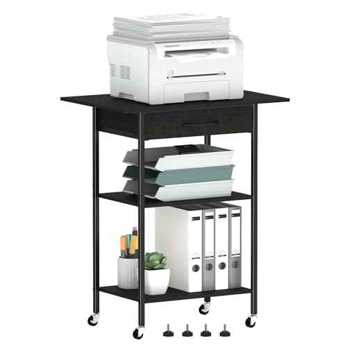 3-Tier Printer Stand, Printer Table with Fabric Drawer, Industrial Printer Storage Cart with Wheels, Rolling Printer Stand for Heat Press Scanner Fax, Black