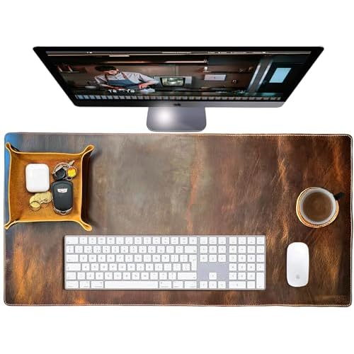 Leather Desk Mat Desk Pad - Full Grain (32x16) Leather Desk Cover Blotter & Protector - Large Computer Keyboard Gaming Table Mat - Desktop Accessories Mouse Pad for Laptop, Office & Home