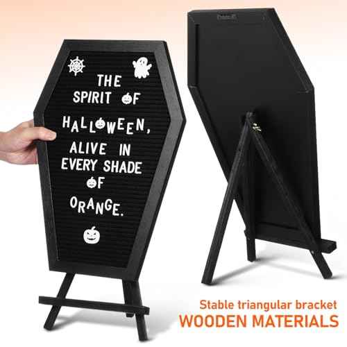 Operitacx Coffin Letter Board with 354 Spooky Halloween Characters & Numbers, Wooden Stand and Canvas Bag, 16x11 Inches Coffin Shaped Gothic Decor Sign Halloween Decorations